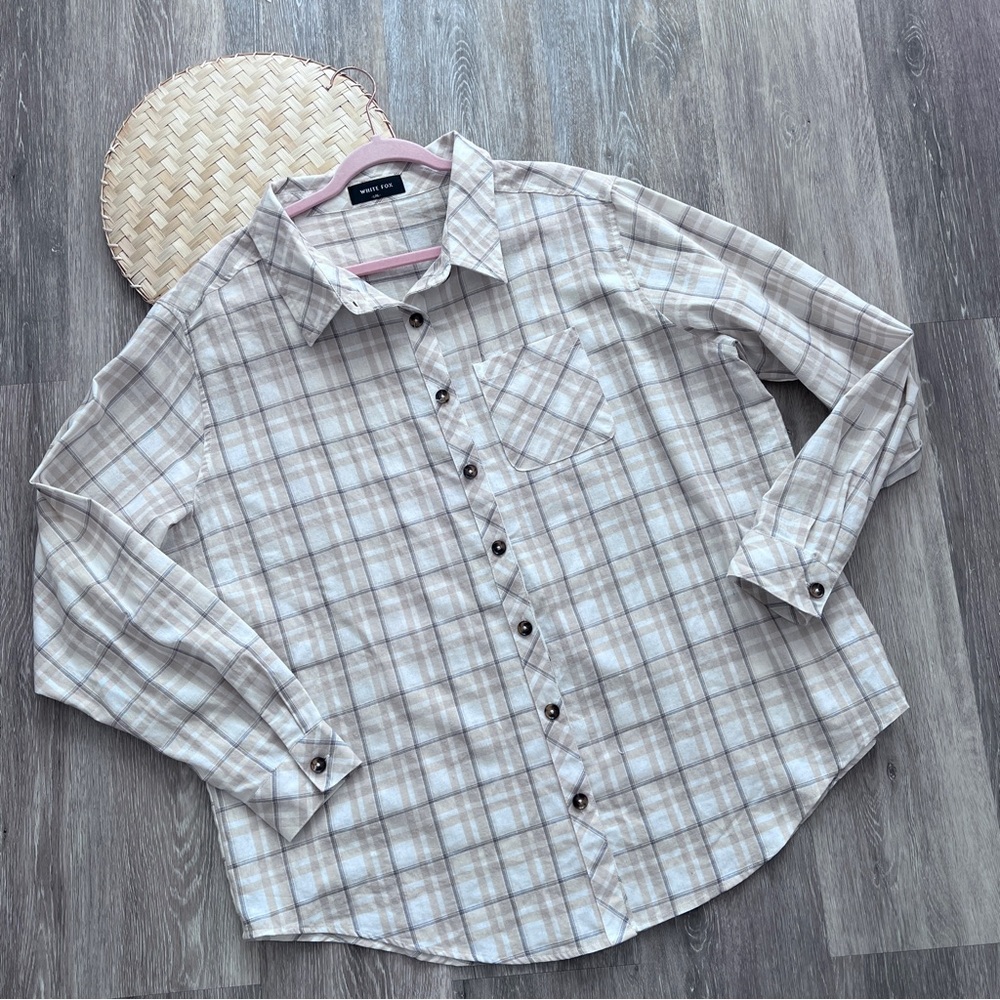 NEW white fox boutique cream‎ plaid 100% cotton button down shirt oversized